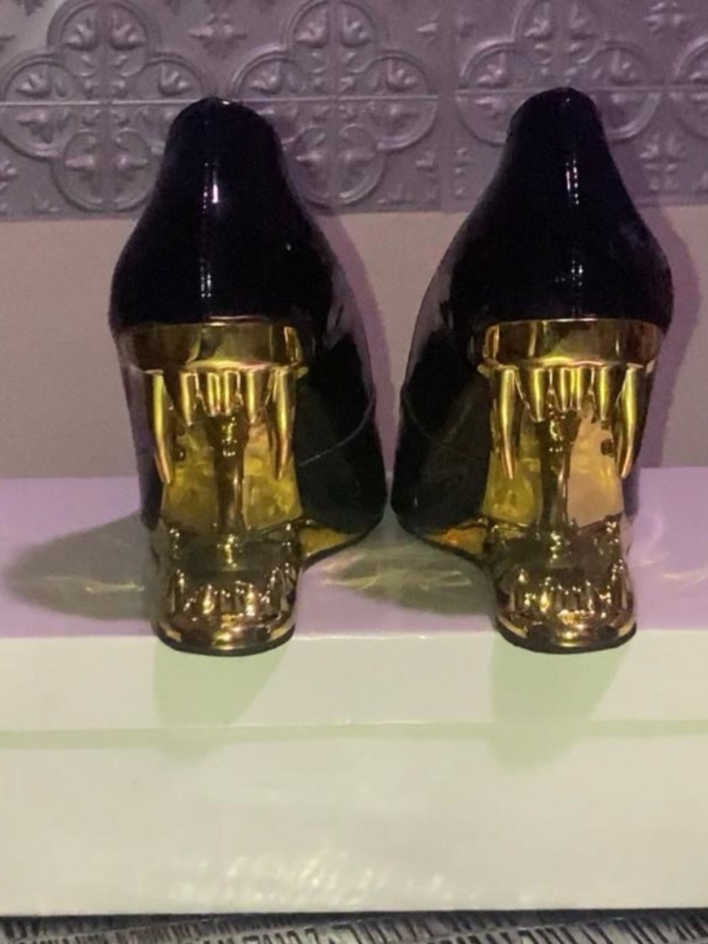 Black and Gold Fang Heels With Box